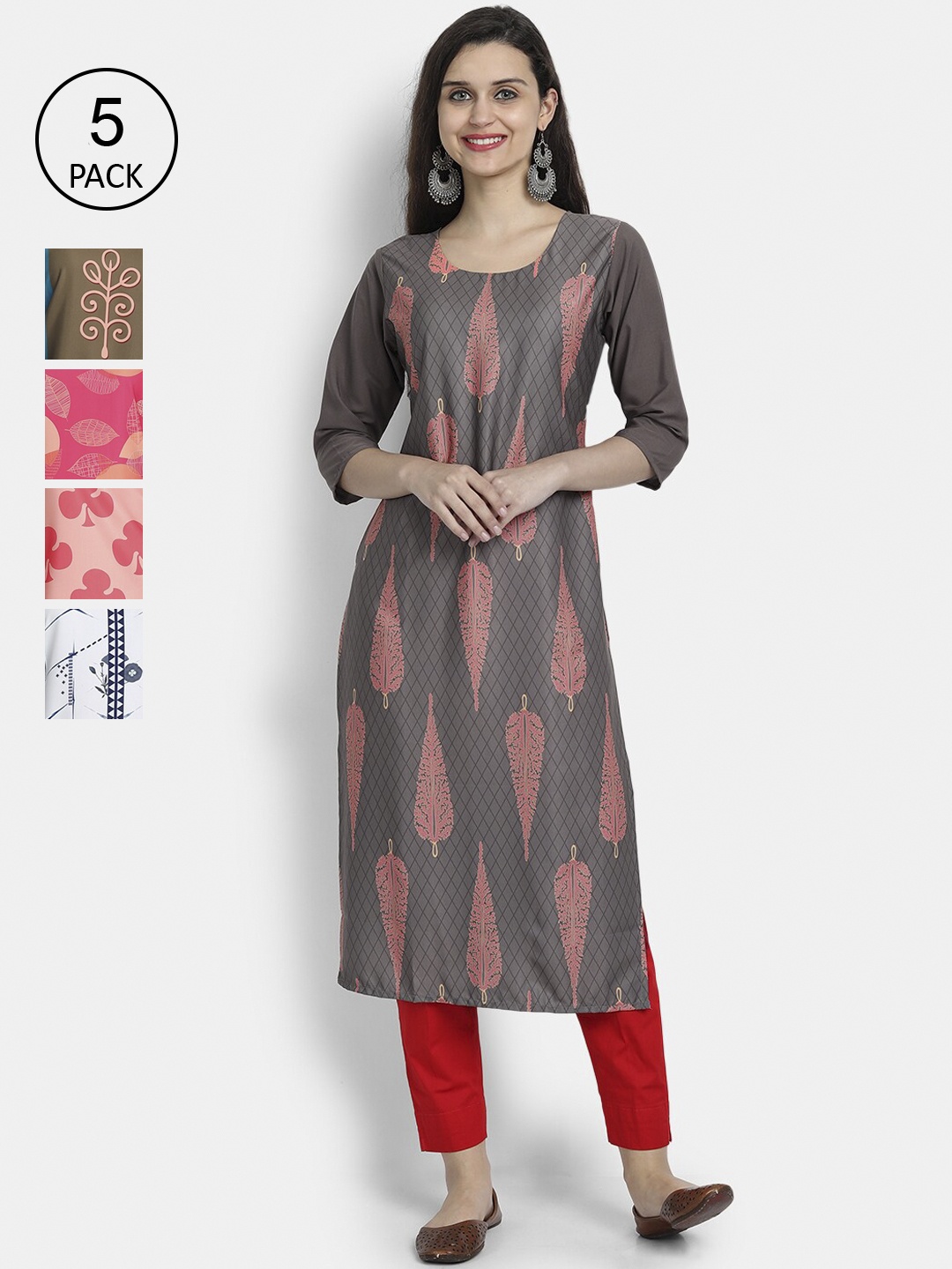 

7Threads Women Pack Of 5 Printed Crepe Kurta, Grey