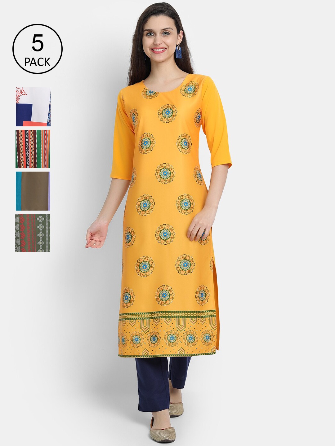 

7Threads Women Pack Of 5 Ethnic Motifs Printed Crepe Kurta, Yellow