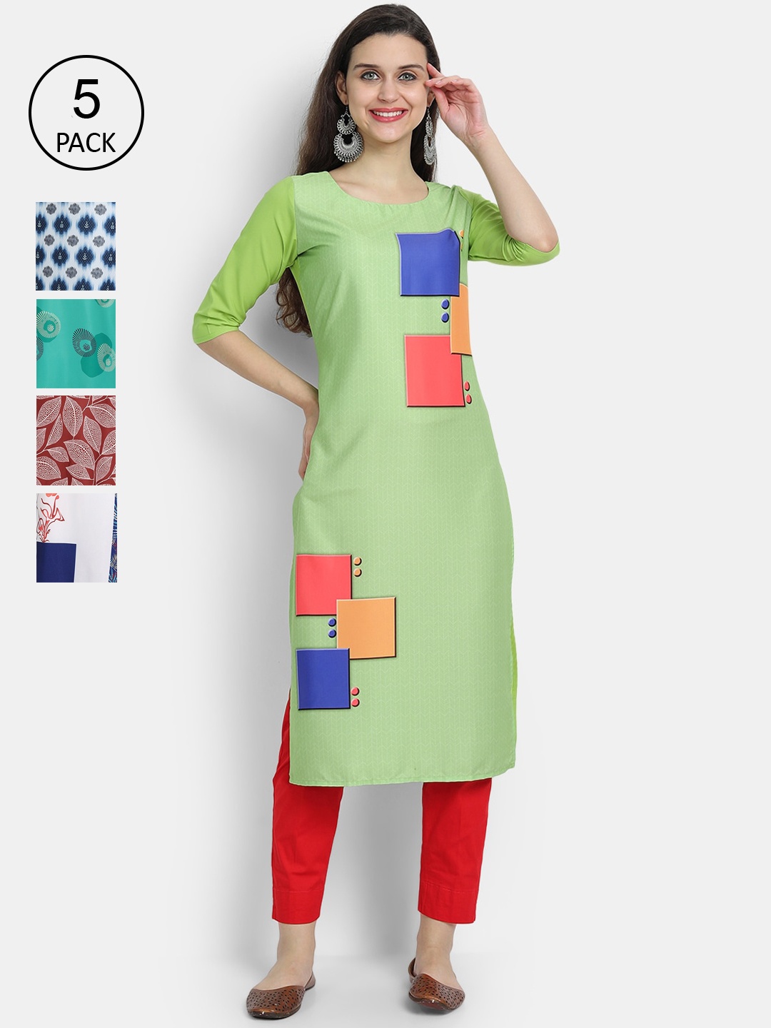 

7Threads Women Pack Of 5 Printed Crepe Kurta, Green