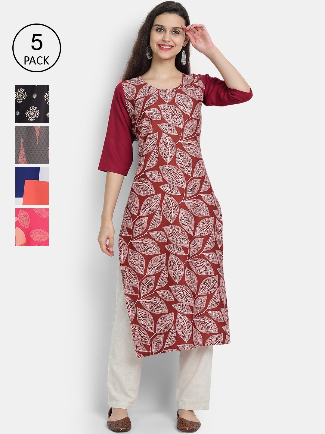 

7Threads Woman Pack of 5 Multicoloured Floral Printed Crepe Kurta, Multi