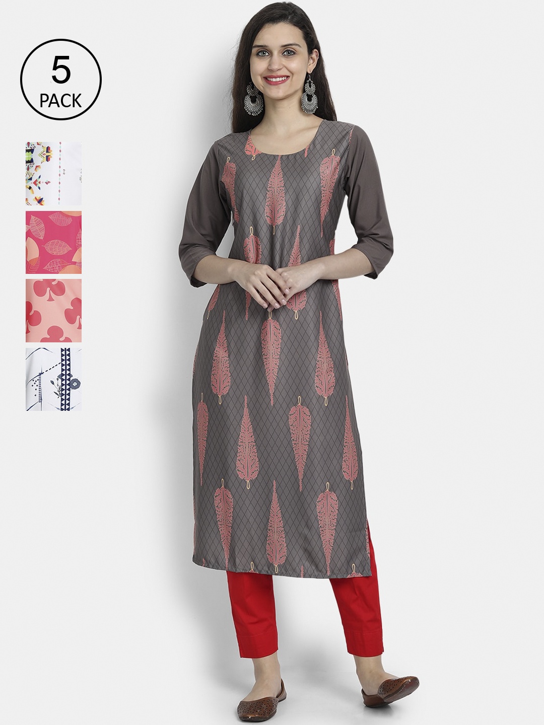 

7Threads Women Pack Of 5 Printed Crepe Kurtas, Grey