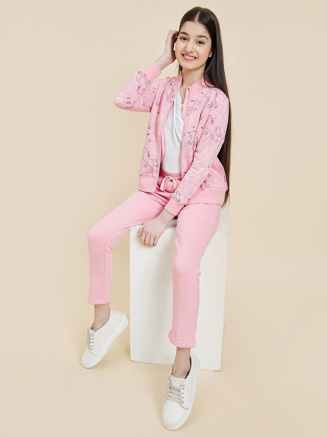 

Sweet Dreams Girls Pink Printed Fleece Tracksuit