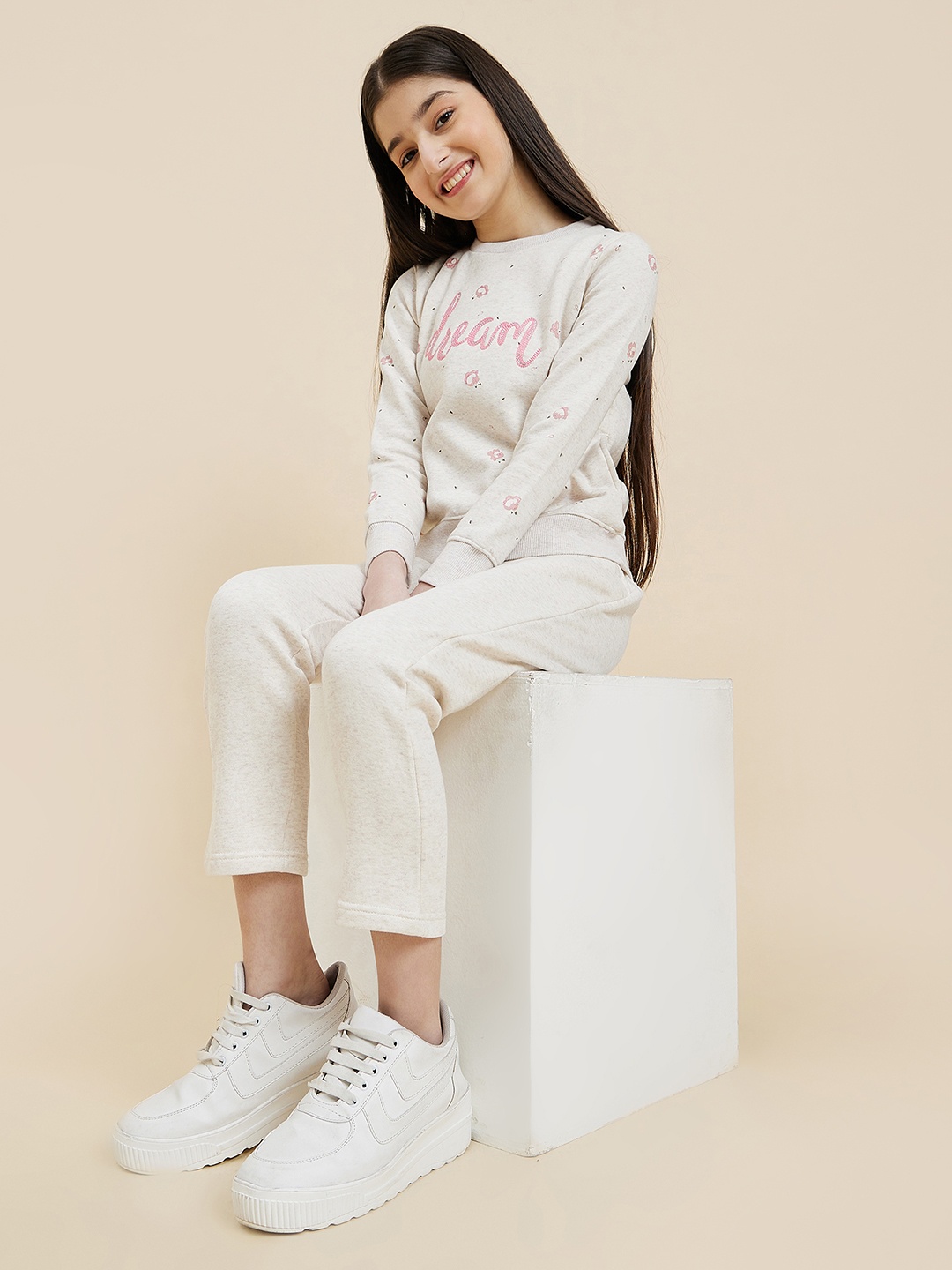 

Sweet Dreams Girls Cream Printed Cotton Tracksuit