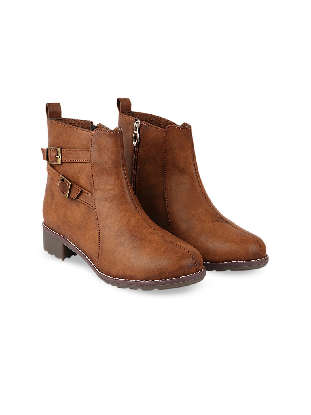 

Shoetopia Girls Tan Block Heeled Boots with Buckles