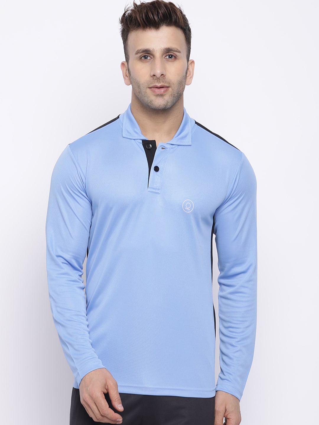 

Chkokko Men Blue Mandarin Collar Pockets Outdoor T-shirt
