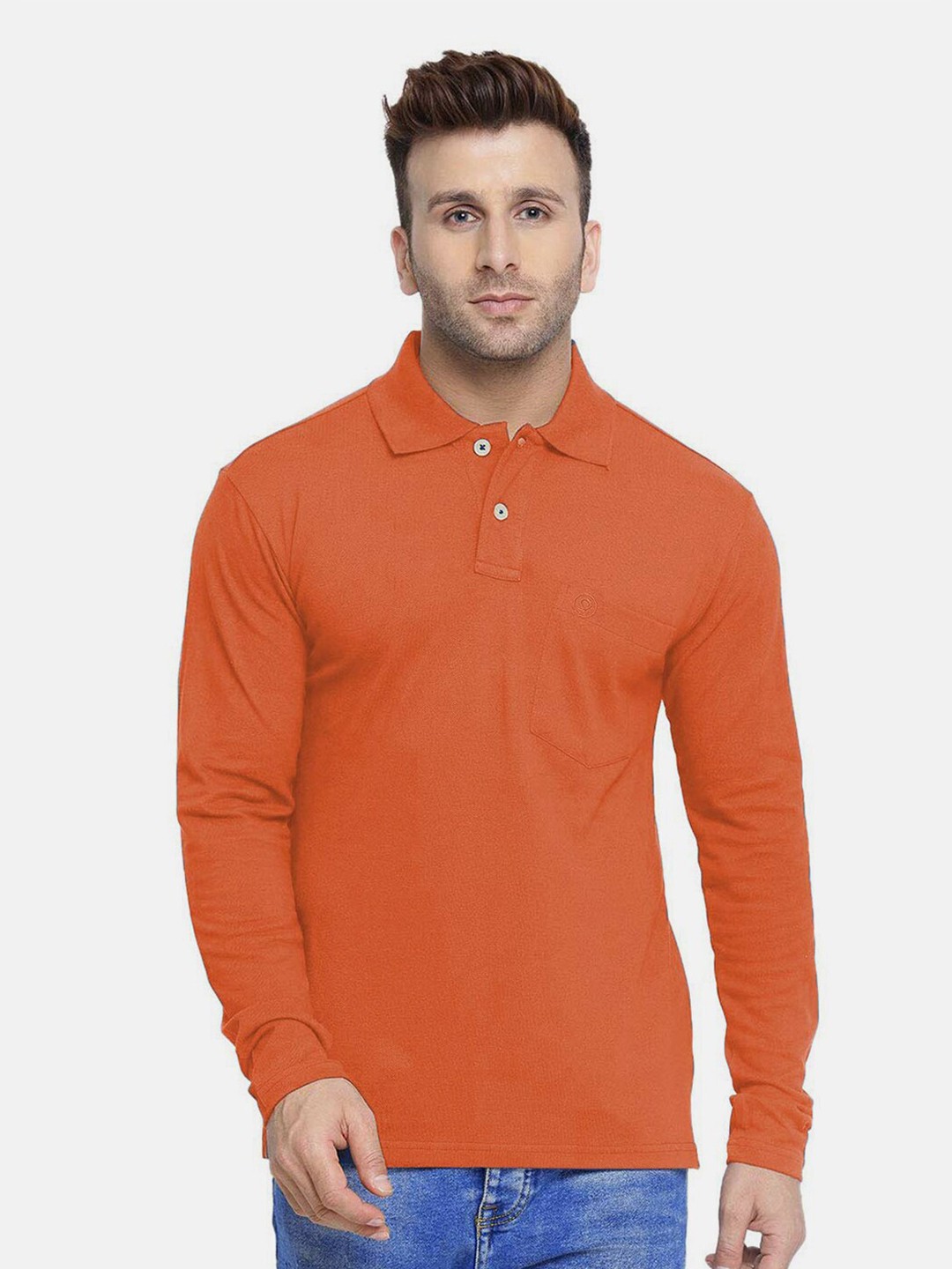 

Chkokko Men Orange Polo Collar Pockets Outdoor T-shirt