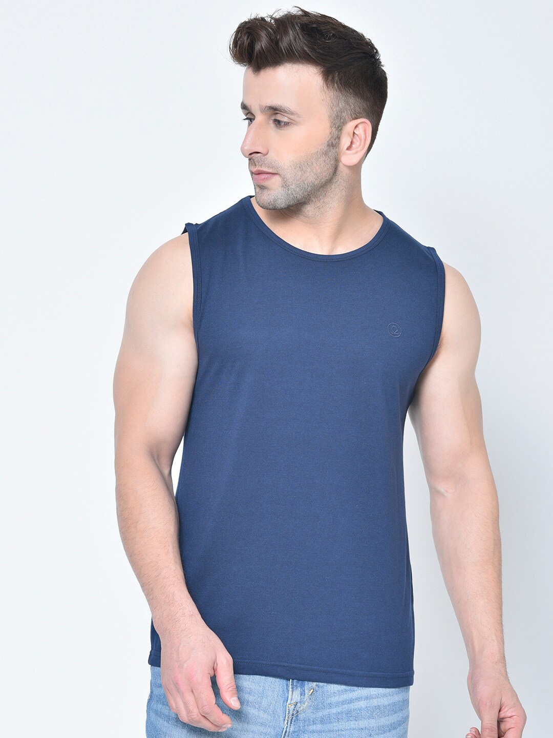 

CHKOKKO Men Navy Blue Raw Edge Outdoor T-shirt