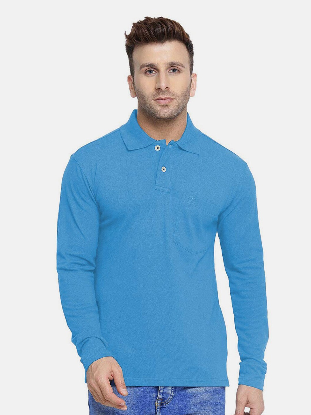 

CHKOKKO Men Blue Polo Collar Pockets Outdoor T-shirt