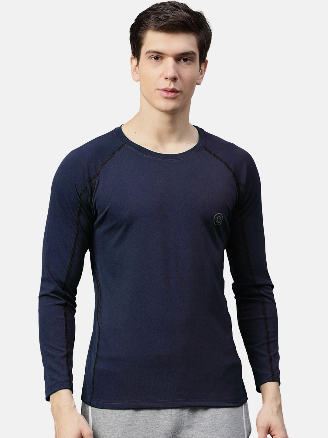 

Chkokko Men Navy Blue Biker High Neck Drop-Shoulder Sleeves Indigo Applique Outdoor T-shirt