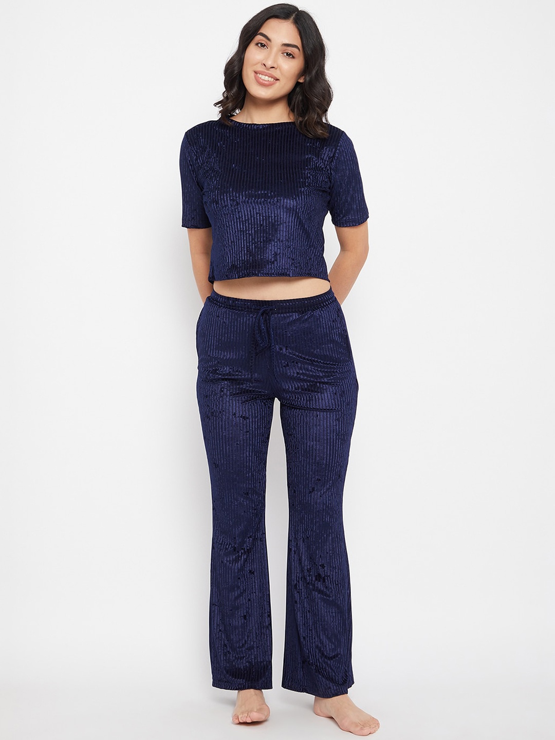 

Clovia Women Blue Crop Top & Flare Pyjama Night suit