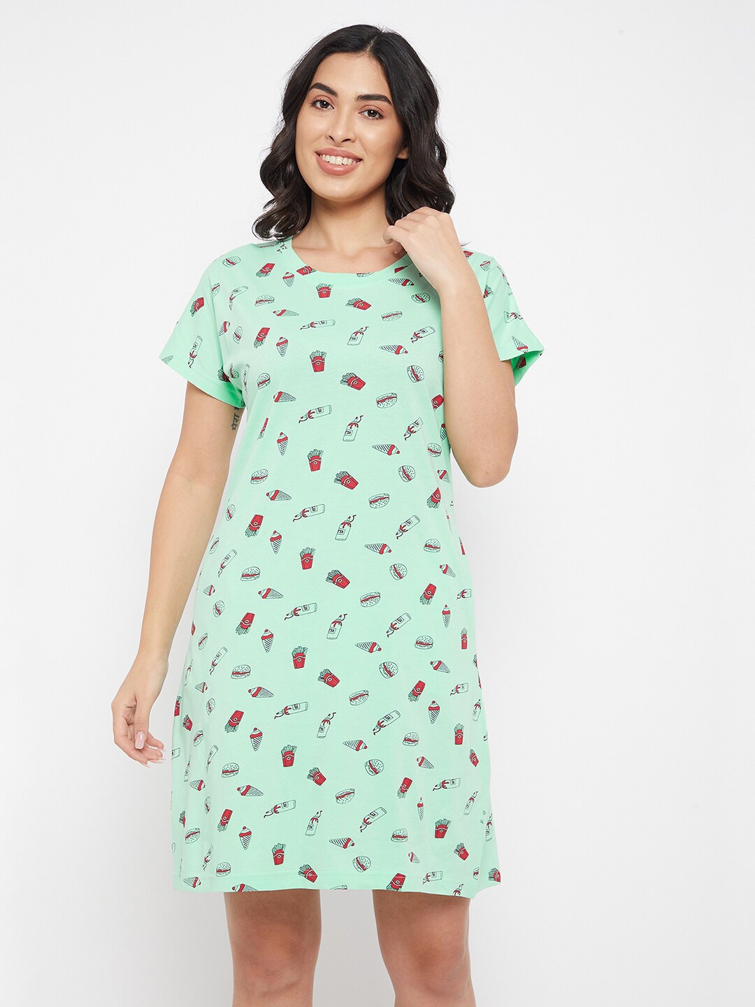 

Clovia Green & Red Ice Cream Printed Pure Cotton Nightdress