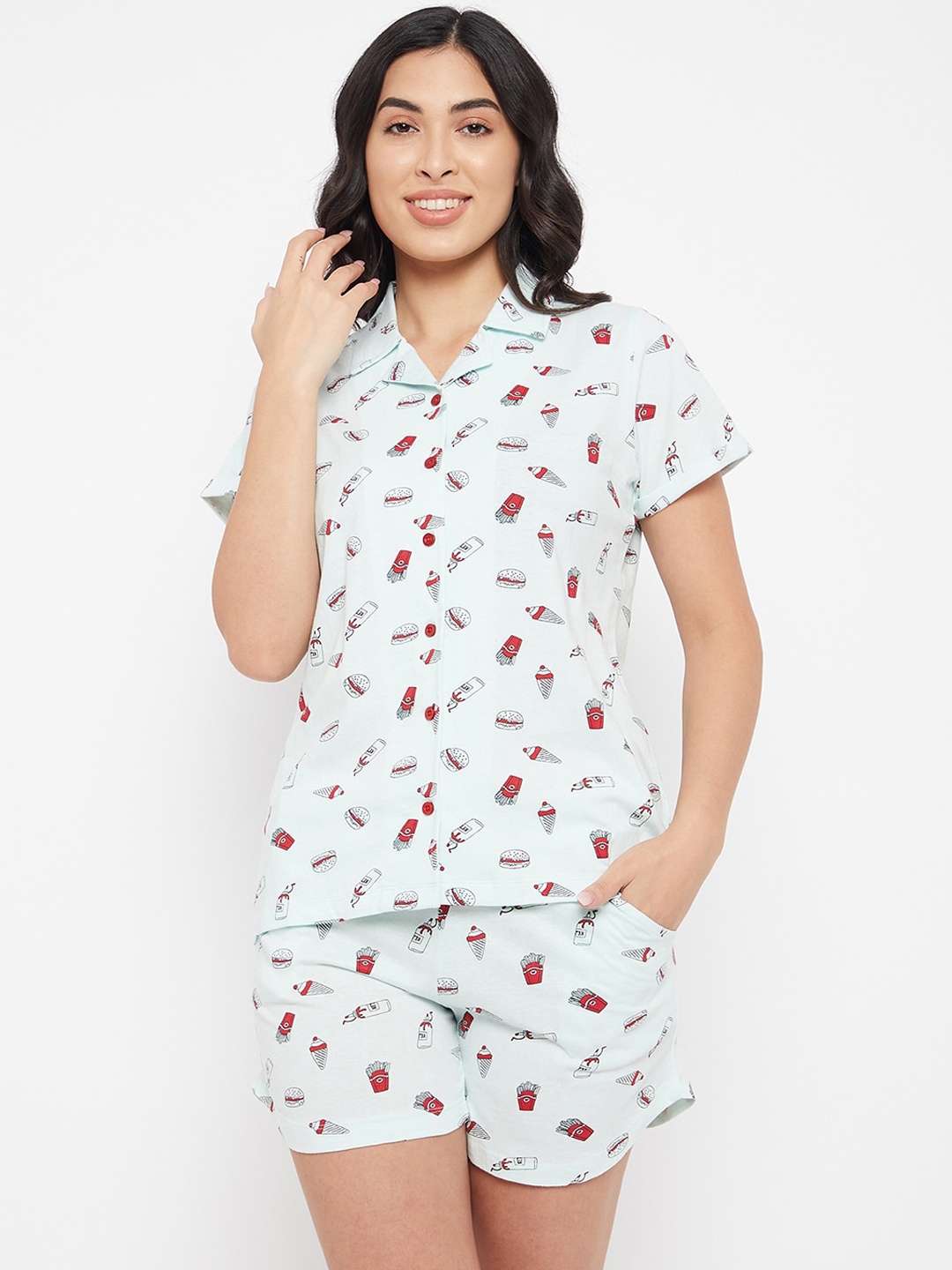 

Clovia Women Blue & Red Printed Pure Cotton Night suit