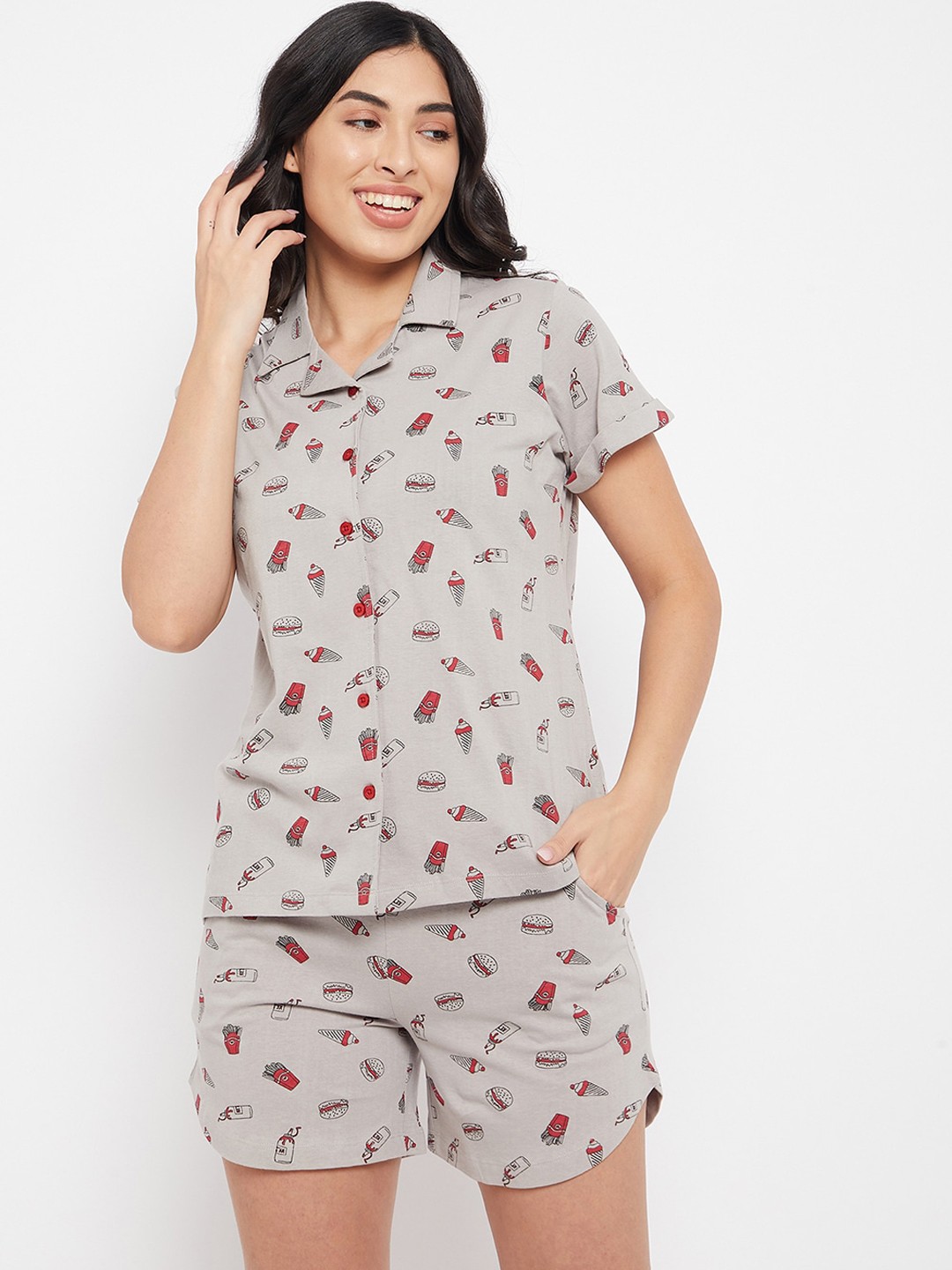 

Clovia Women Grey Printed Shirt & Short Night Suit