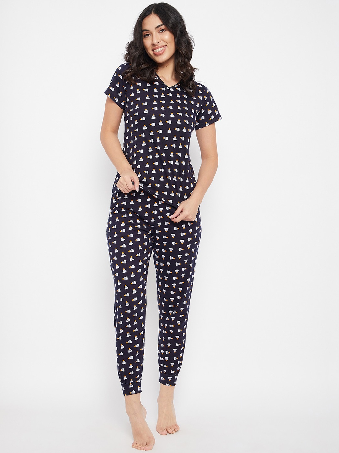 

Clovia Women Navy Blue & White Printed Top & Pyjama Night Suit