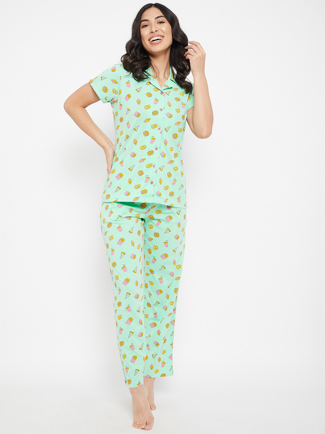 

Clovia Women Green Graphic Printed Pure Cotton Shirt & Pyjama Set