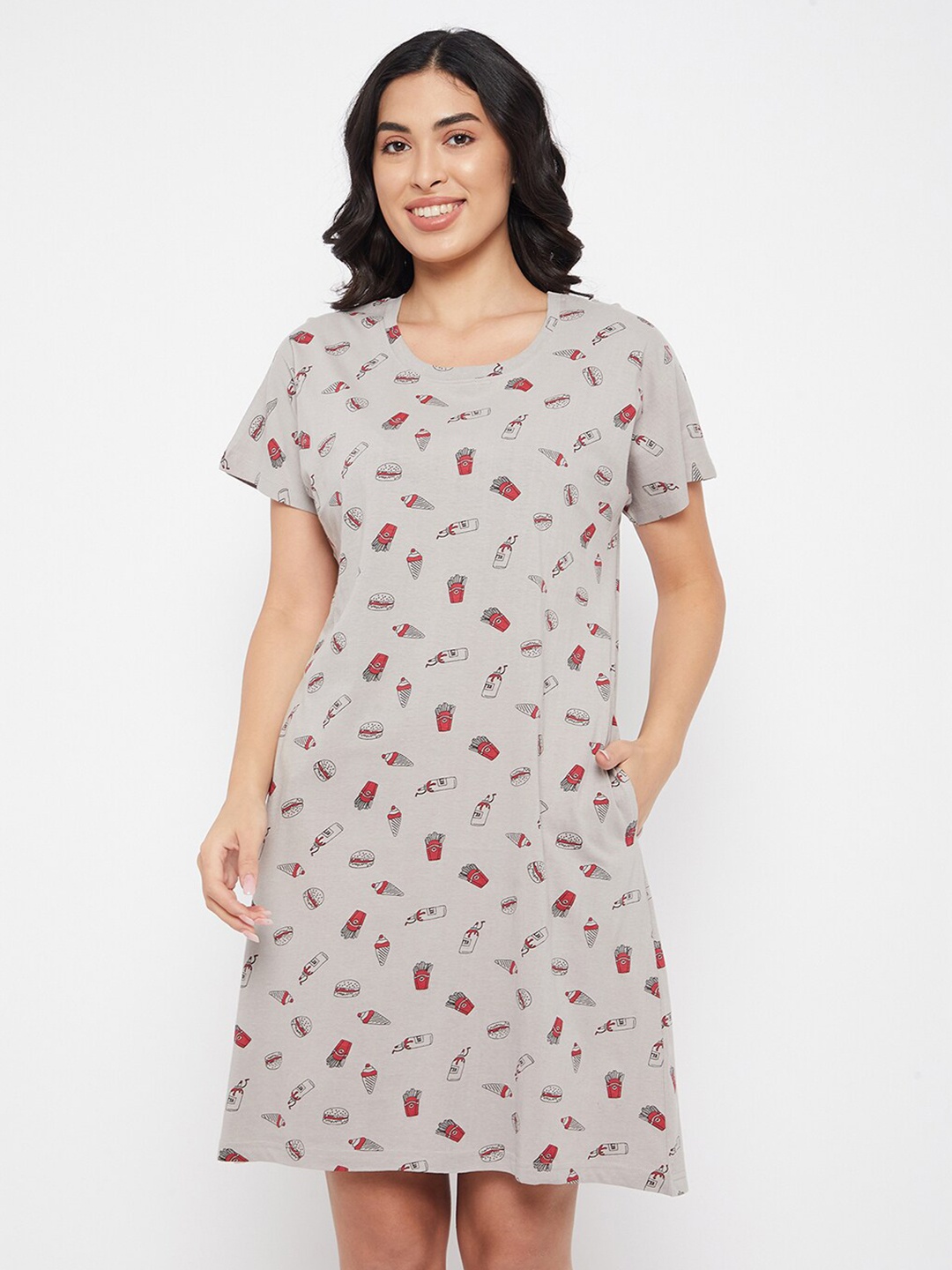 

Clovia Grey Printed Pure Cotton Nightdress
