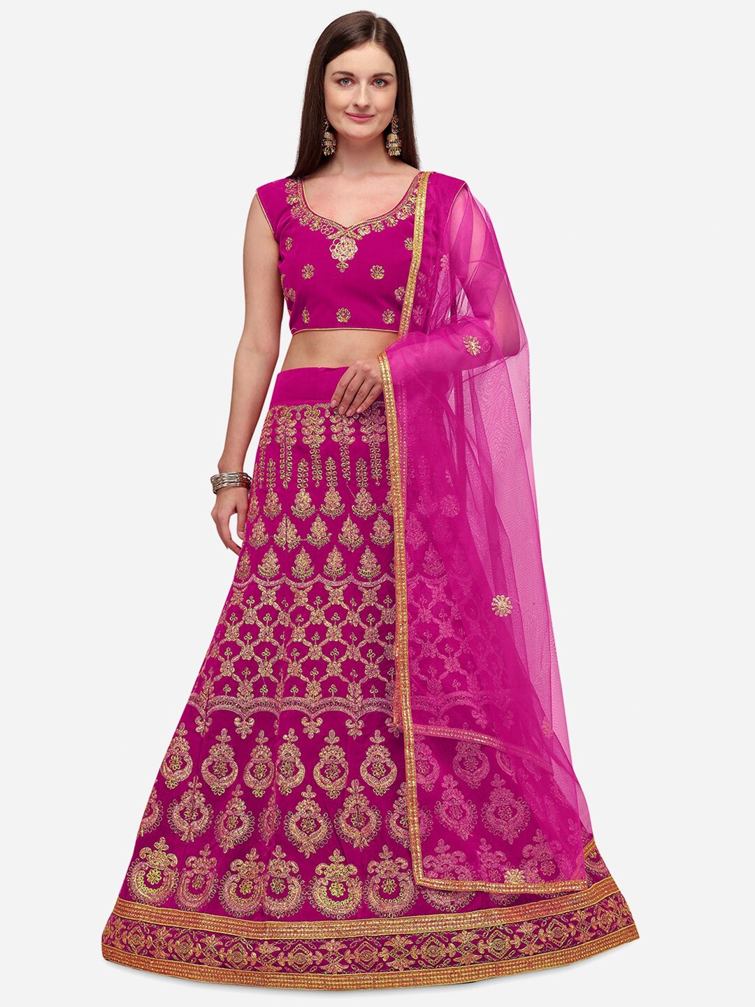 

Rajesh Silk Mills Pink & Gold-Toned Embroidered Semi-Stitched Lehenga & Unstitched Blouse With Dupatta