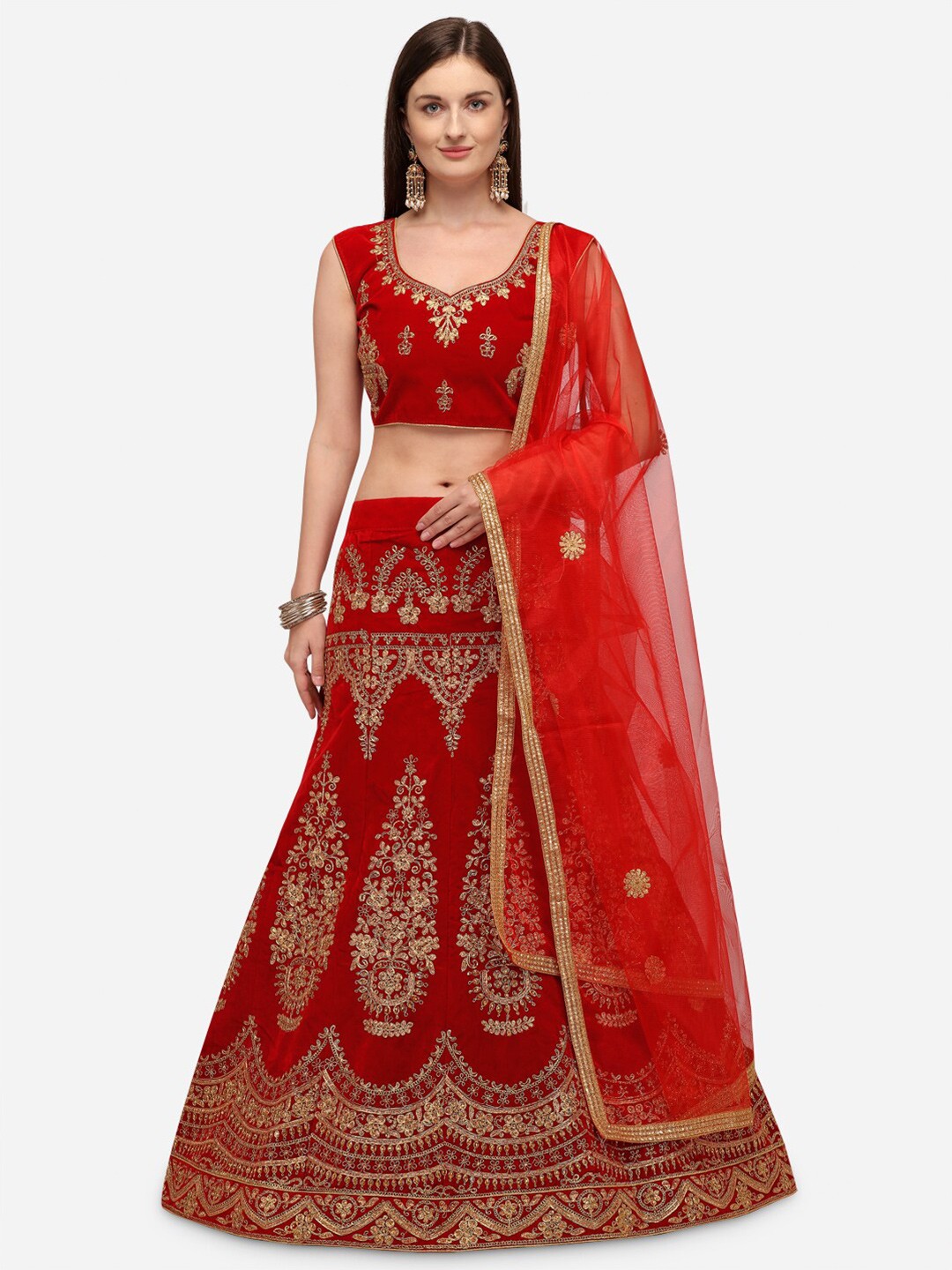 

Rajesh Silk Mills Red & Gold Embroidered Semi-Stitched Lehenga Set