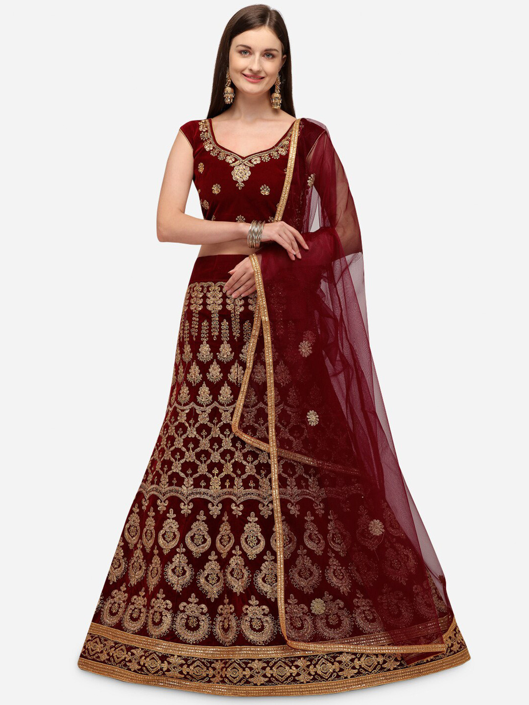 

Rajesh Silk Mills Maroon & Gold-Toned Embroidered Semi-Stitched Lehenga & Unstitched Blouse With Dupatta