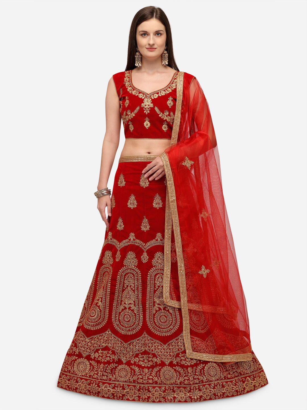 

Rajesh Silk Mills Red Embroidered Semi-Stitched Lehenga & Unstitched Blouse With Dupatta