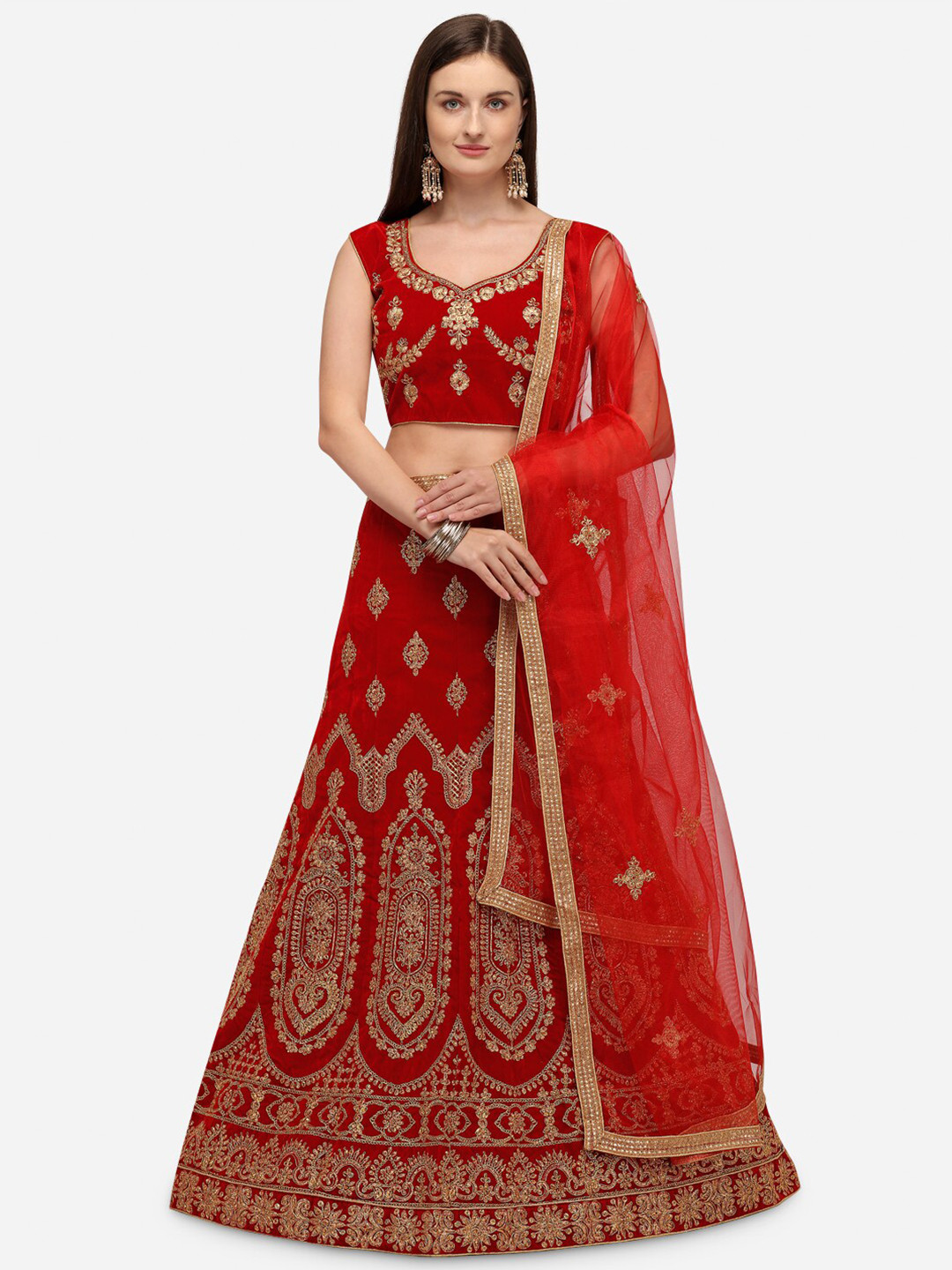 

Rajesh Silk Mills Red & Gold-Toned Embroidered Semi-Stitched Lehenga & Unstitched Blouse With Dupatta
