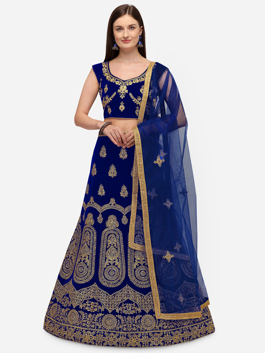 

Rajesh Silk Mills Blue & Gold-Toned Embroidered Semi-Stitched Lehenga & Unstitched Blouse With Dupatta