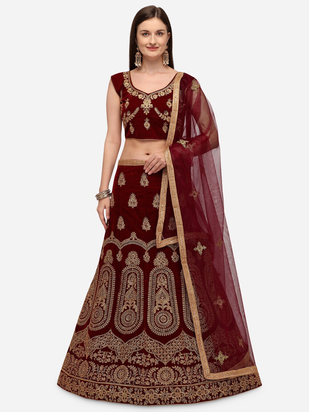

Rajesh Silk Mills Maroon & Gold-Toned Embroidered Semi-Stitched Lehenga & Unstitched Blouse With Dupatta