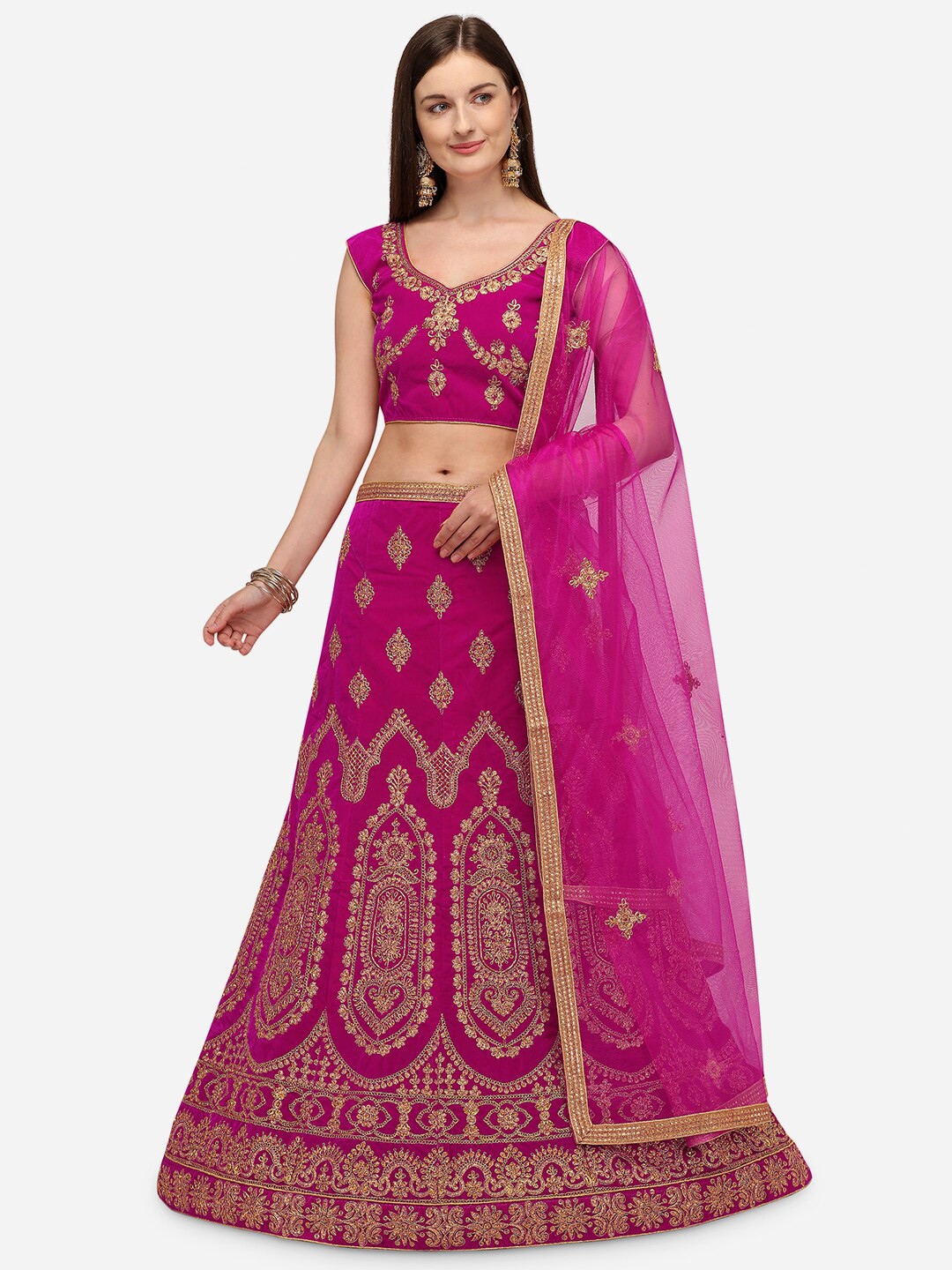 

Rajesh Silk Mills Pink Embroidered Semi-Stitched Lehenga & Unstitched Blouse With Dupatta