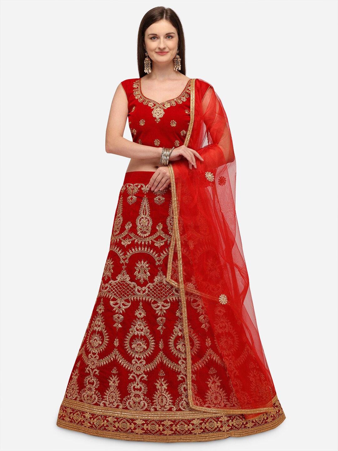 

Rajesh Silk Mills Red & Gold-Toned Embroidered Semi-Stitched Lehenga & Unstitched Blouse With Dupatta