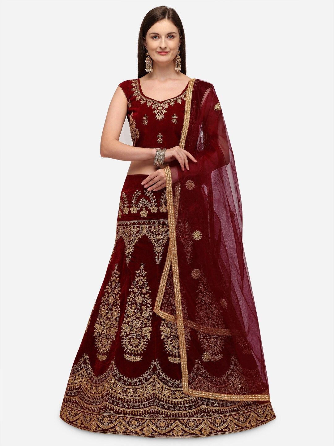 

Rajesh Silk Mills Maroon & Gold-Toned Embroidered Semi-Stitched Lehenga Set