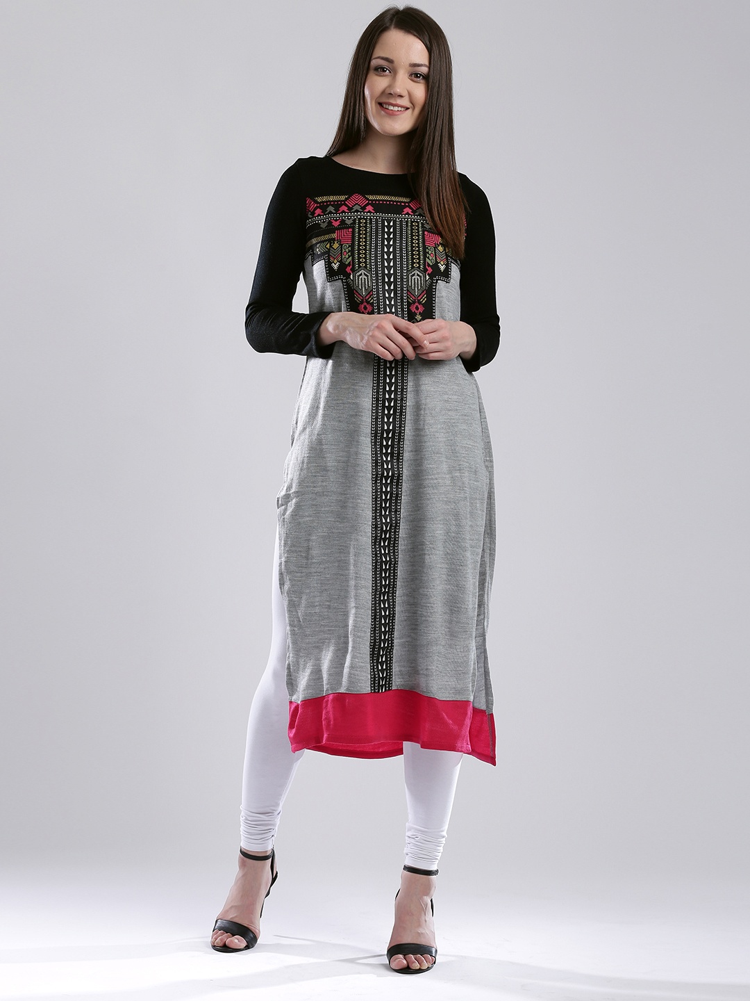 

W Women Grey Melange Printed Straight Winter Kurta