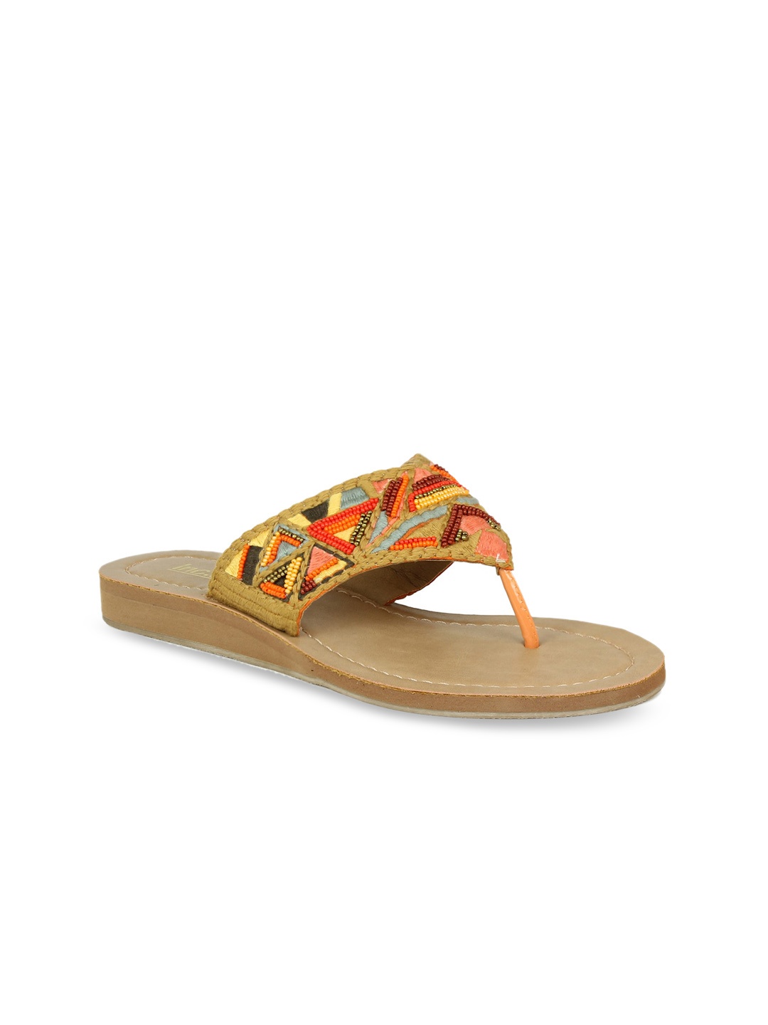 

Inc 5 Women Orange Beads Studded Leather Ethnic Open Toe Flats
