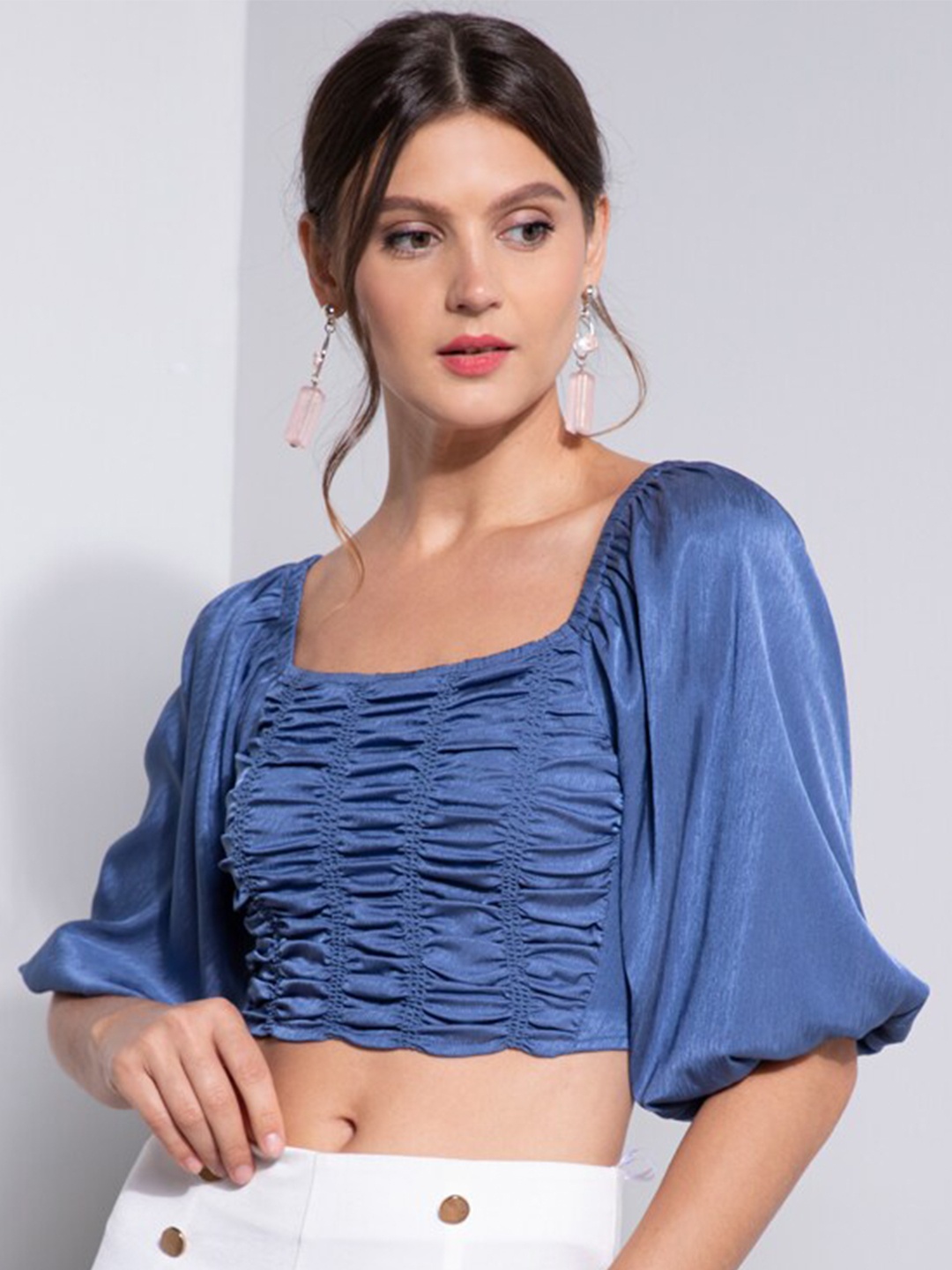 

ZALORA BASICS Blue Solid Crop Square Neck Top