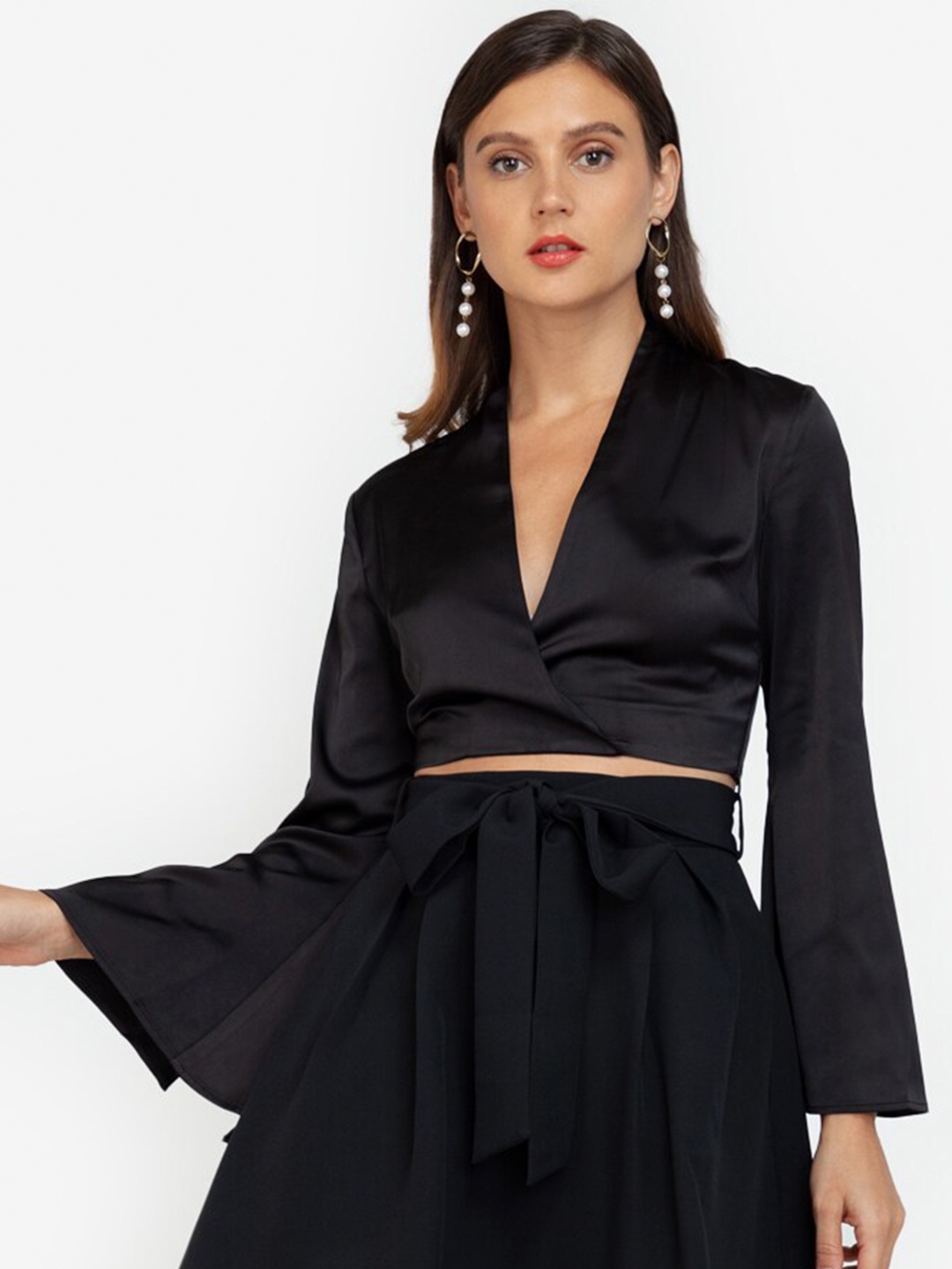 

ZALORA OCCASION Women Black Satin Wrap Crop Top