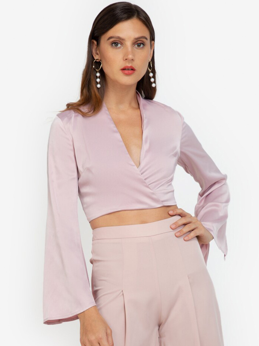 

ZALORA OCCASION Women Pink Satin Wrap Crop Top