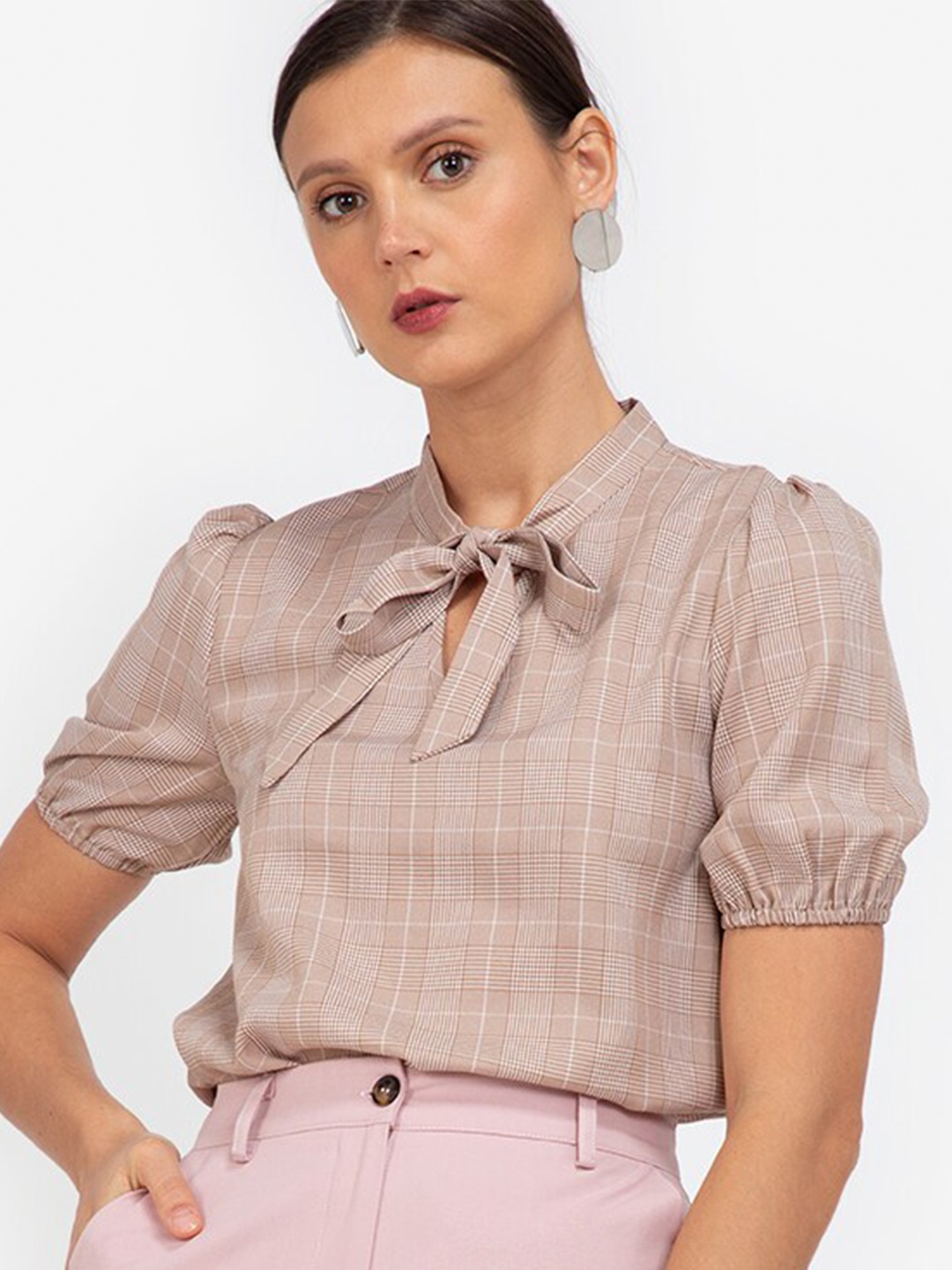 

ZALORA WORK Women Multicoloured Checked Tie-Up Neck Top, Multi