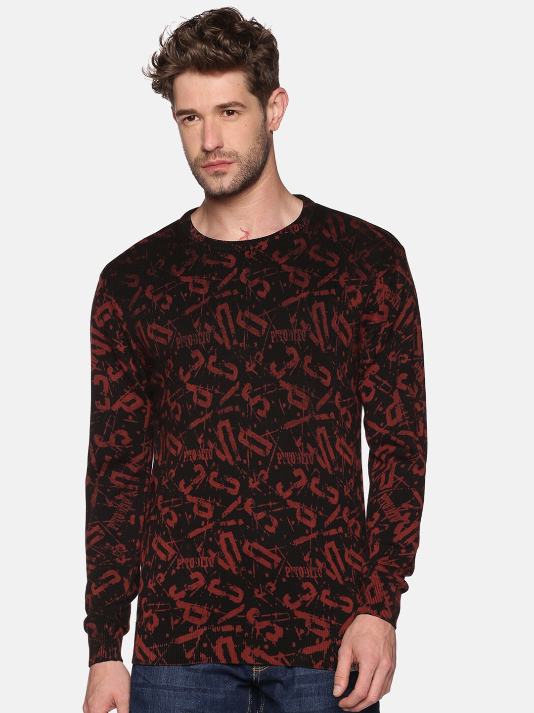 

SHOWOFF Men Black & Red Typography Printed Pullover