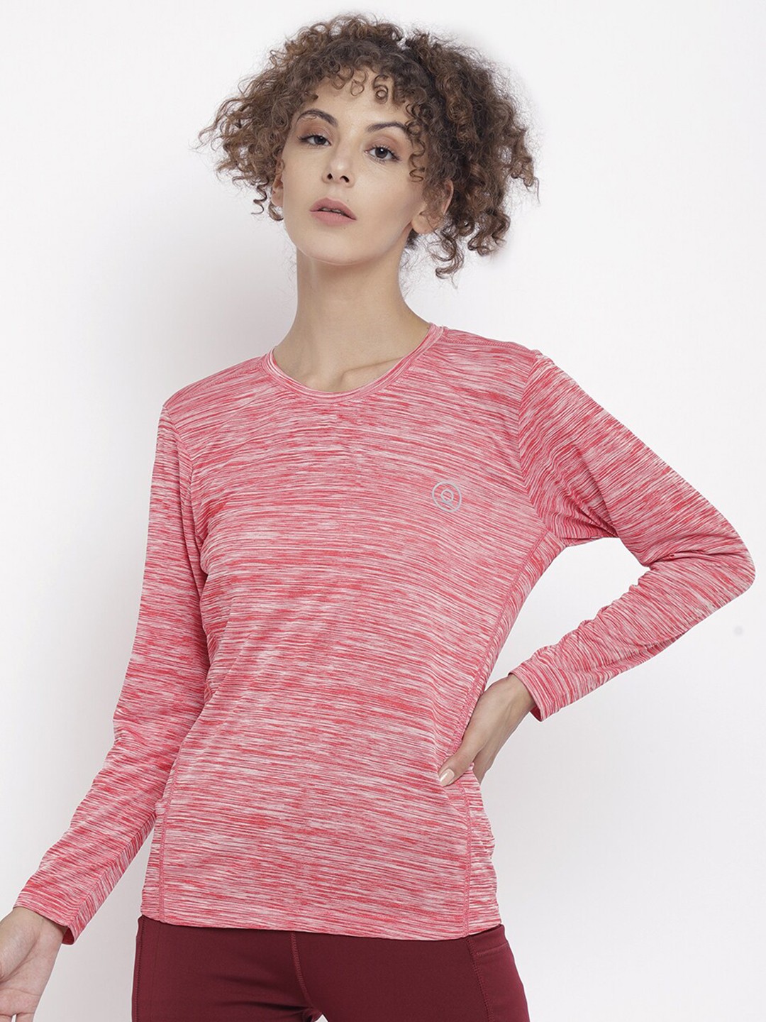 

CHKOKKO Women Red Striped Henley Neck Running T-shirt