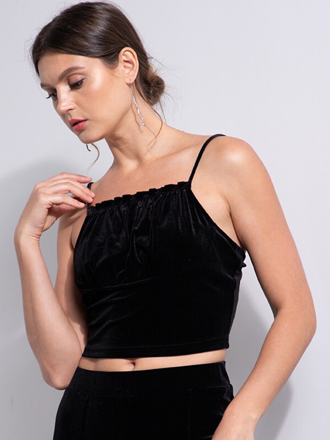 

ZALORA OCCASION Black Velour Ruched Bustier Cami Crop Top