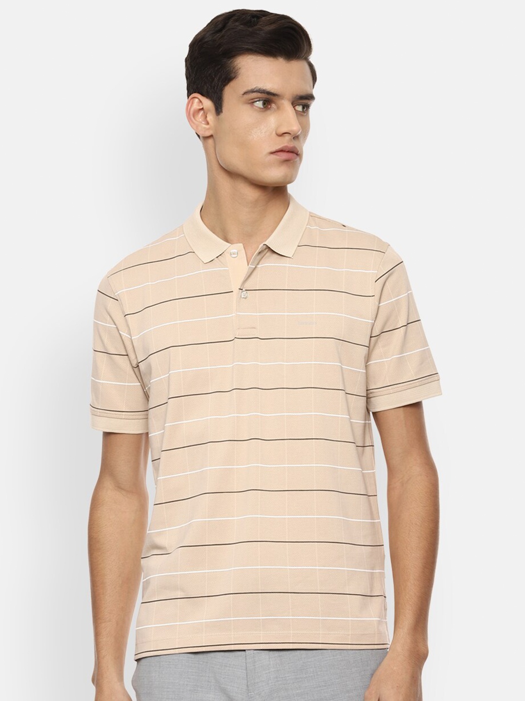 

Van Heusen Men Beige Striped Polo Collar Pure Cotton T-shirt