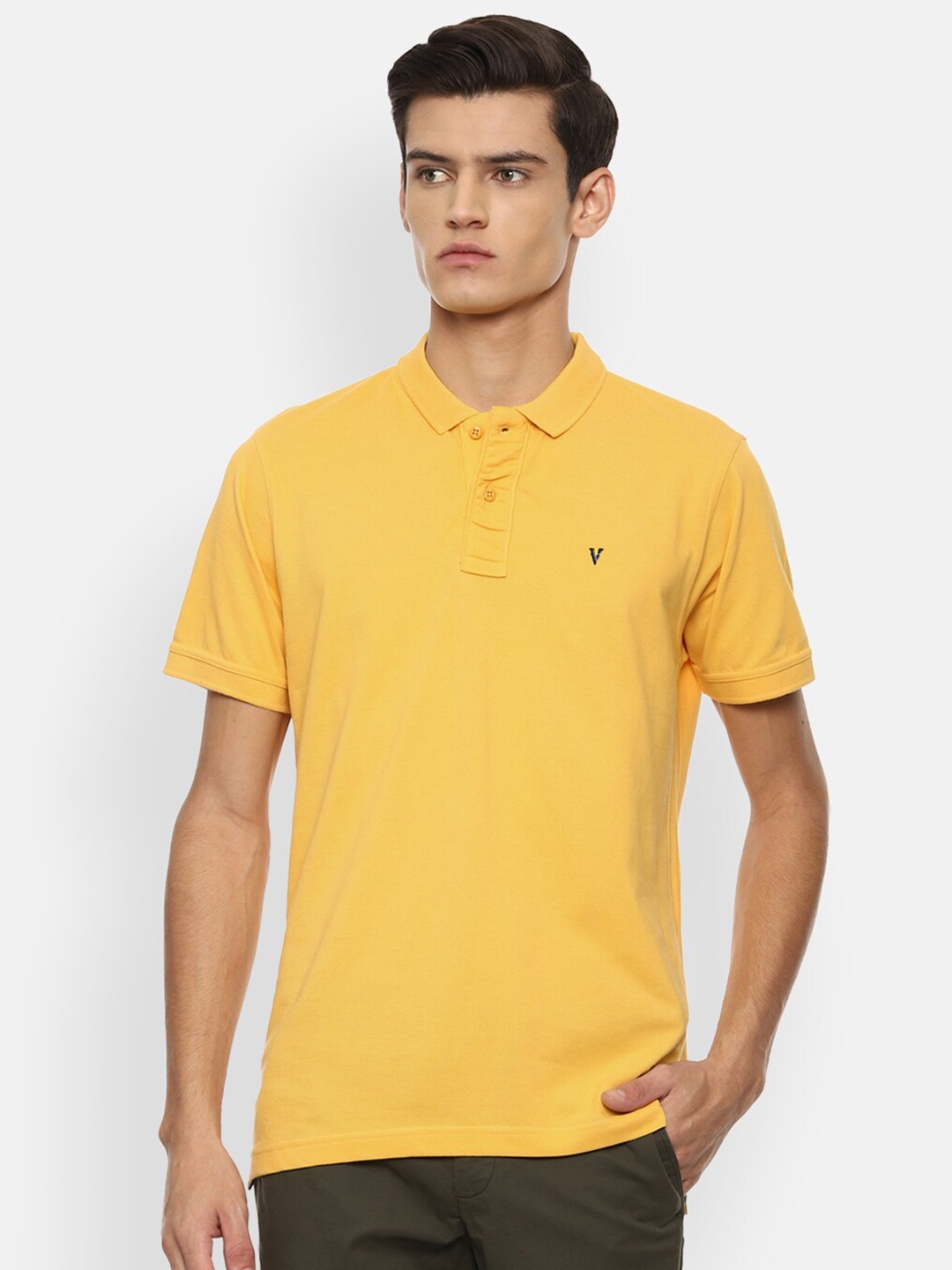 

VAN HEUSEN DENIM LABS Men Yellow Solid Pure Cotton Polo Collar T-shirt