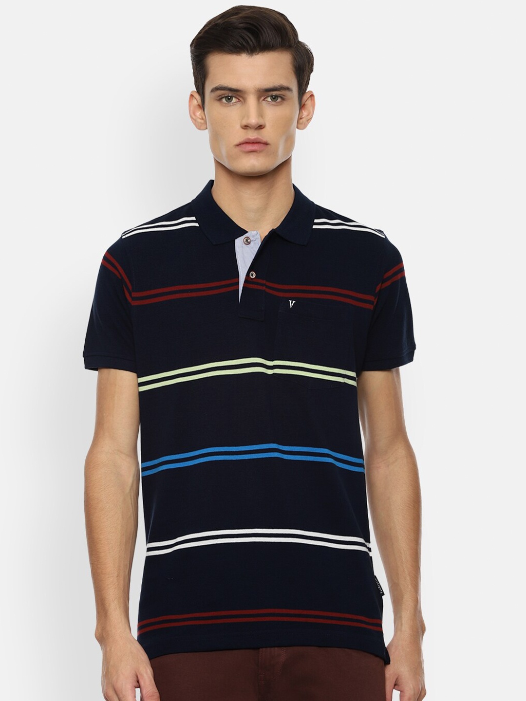 

Van Heusen Sport Men Navy Blue Striped Pure Cotton Polo Collar T-shirt