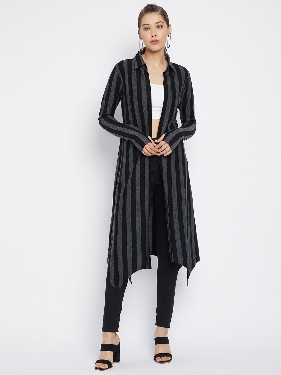 

Hypernation Women Black & Grey Striped Open Front Longline Shrug