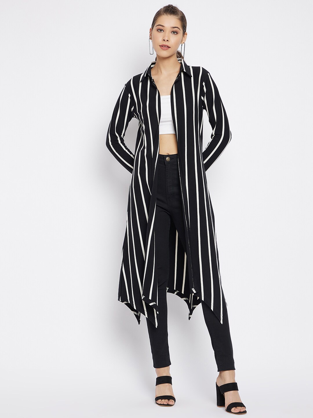 

Hypernation Women Black & White Striped Cotton Knitted Longline Shrug