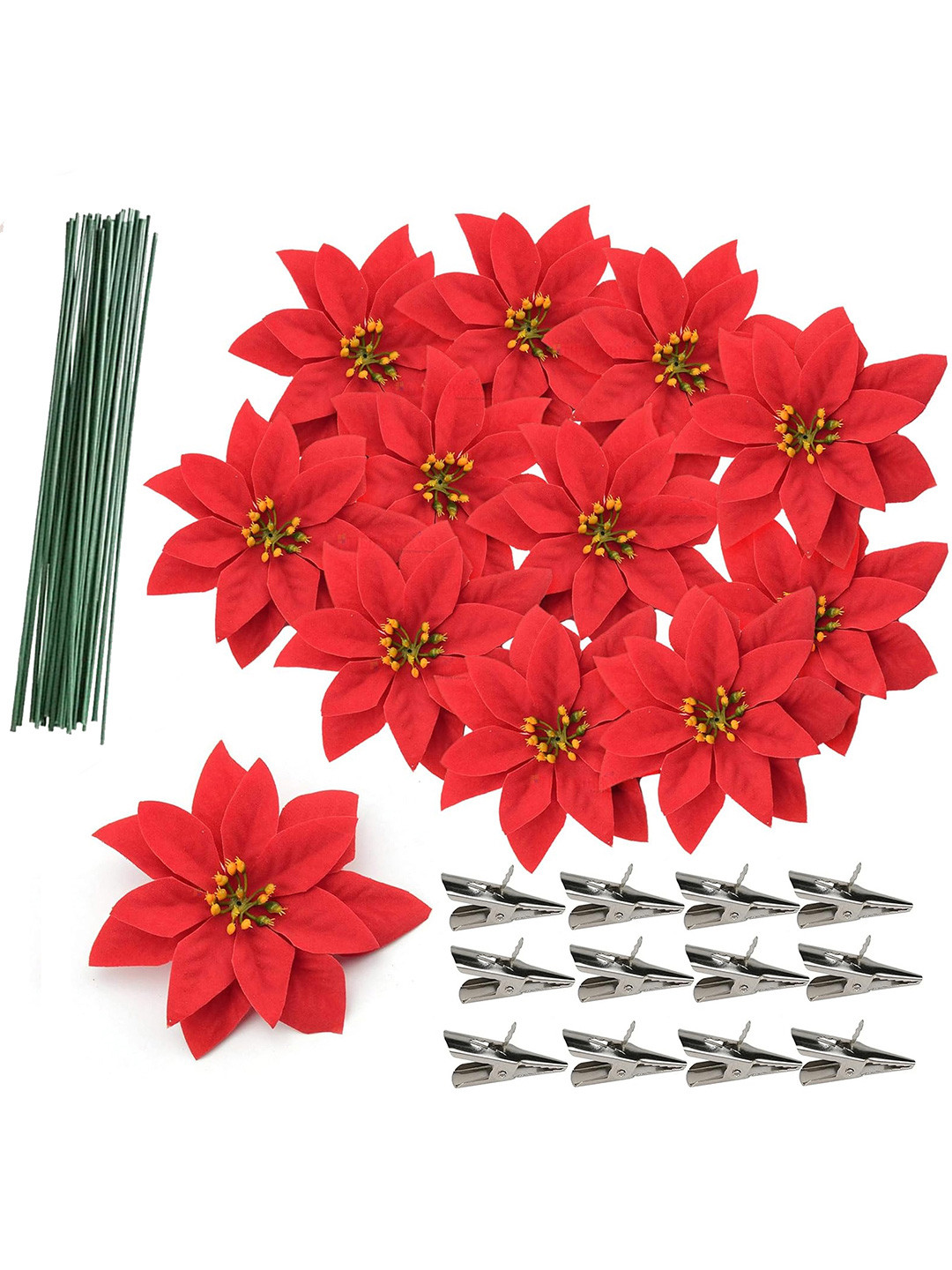 

TIED RIBBONS Set of 12 Christmas Decoration Artificial Poinsettia, Red