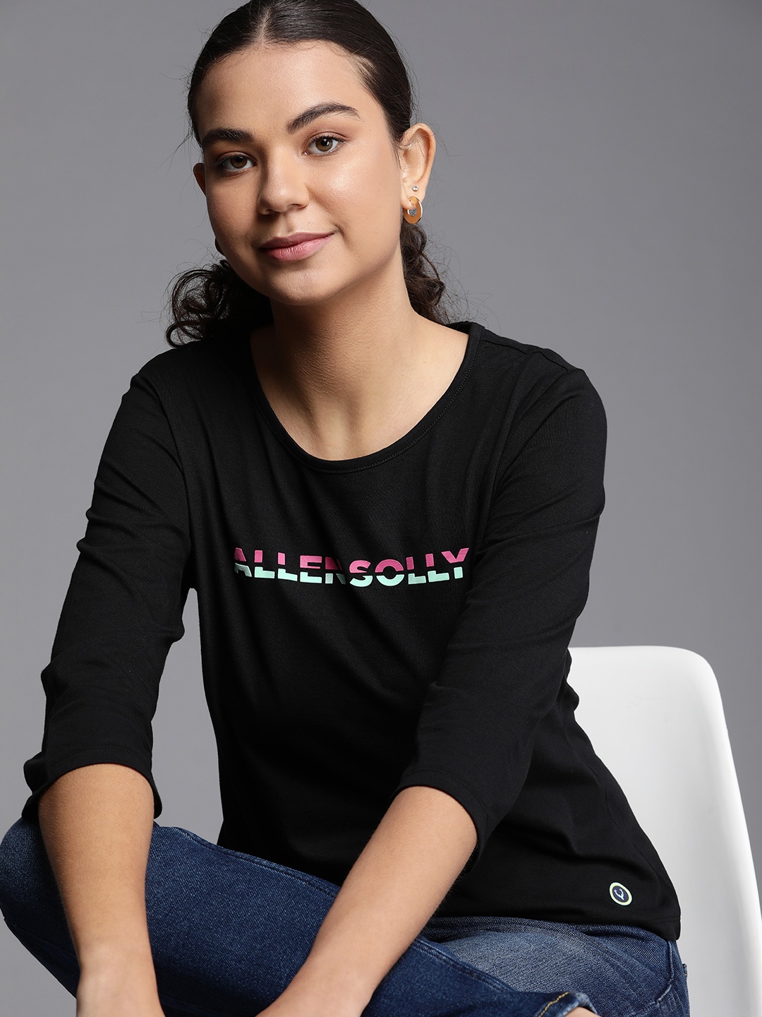 

Allen Solly Woman Black Brand Logo Pure Cotton T-shirt