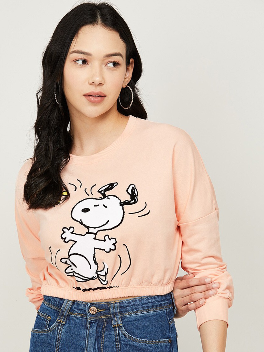 

Ginger by Lifestyle Women Peach-Coloured Printed Crop Sweatshirt