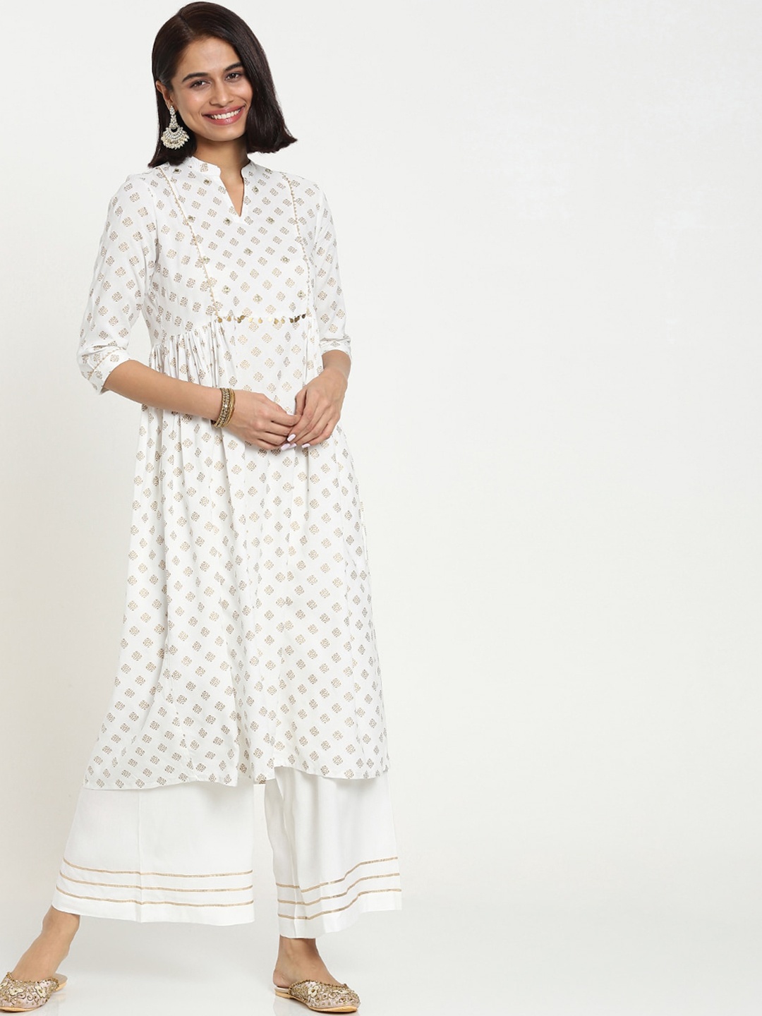

Bewakoof Women White Printed Pleated Pure Cotton Kurti with Sharara