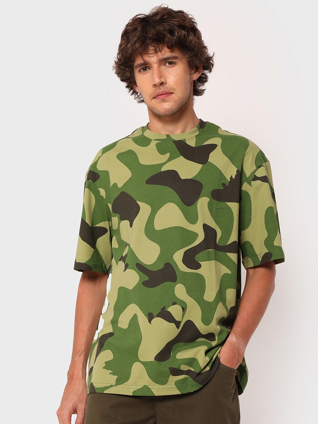 

Bewakoof Men Green Camouflage Printed Pure Cotton Oversized T-shirt