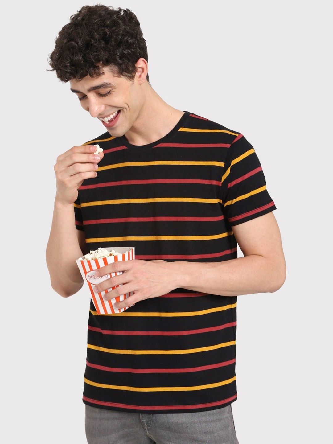 

Bewakoof Men Black Striped Pure Cotton T-shirt